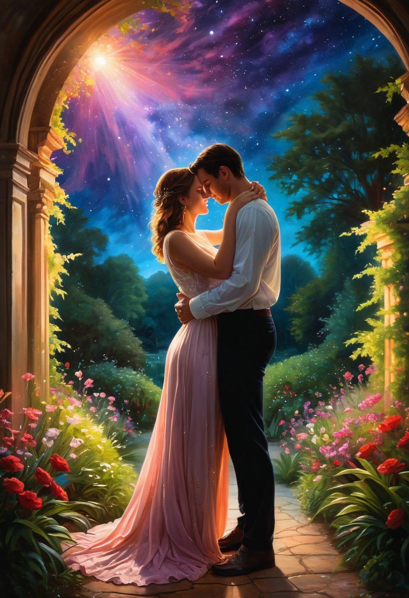 A couple embracing under a starlit sky, surrounded by soft glowing lights that symbolize passion. Their expressions are filled with longing and love, with hints of a lush garden in the background to symbolize growth in romance. The scene conveys a mix of warmth and mystique, inviting viewers to delve into the depths of desire. surreal painting style. vibrant colors. ethereal lighting.