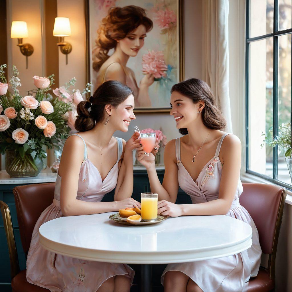 A whimsical and romantic scene depicting two figures in an elegant café, engaging in flirtatious conversation. Soft lighting casts a warm glow, highlighting playful body language, subtle smiles, and a cocktail of emotions in their expressions. Delicate flowers and a beautifully set table enhance the atmosphere, with a hint of delicate art pieces in the background. The overall mood is a blend of passion and affection. painting. soft pastel colors. cozy ambiance.