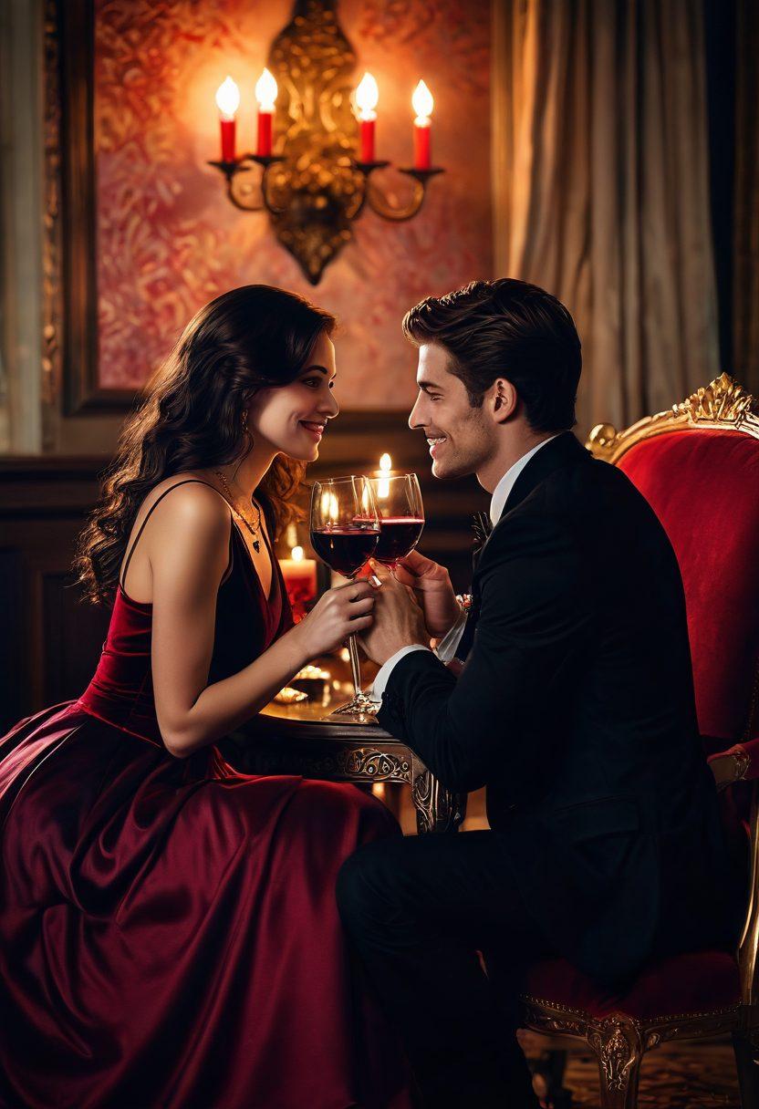 A sultry, dimly lit room filled with plush velvet textures and soft candlelight. In the foreground, a couple is playfully flirting, their hands almost touching, with teasing smiles and inviting glances, surrounded by romantic symbols like red roses and wine glasses. The background hints at a wild, adventurous atmosphere with abstract art and shadows creating intrigue. The color palette is rich with deep reds, dusky purples, and gold accents. super-realistic. vibrant colors.